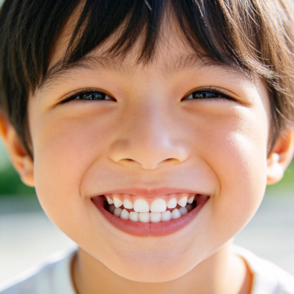 A close-up, clear photo of a smiling child with bright, clean teeth. The mouth is open in a natural smile, showing the upper and lower rows of teeth clearly. The background is soft and out of focus to keep the attention on the teeth. No text.