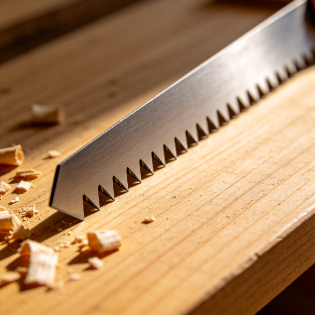 A detailed close-up of a metal saw blade resting on a wooden workbench. The sharp, pointed teeth of the saw are clearly visible and arranged in a row. Some wood shavings are seen nearby. Natural lighting, focus on the teeth. No text.