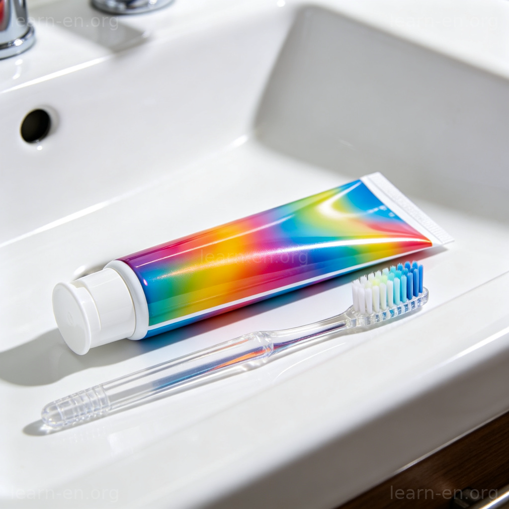 Tube de dentifrice coloré près d'une brosse à dents sur un lavabo