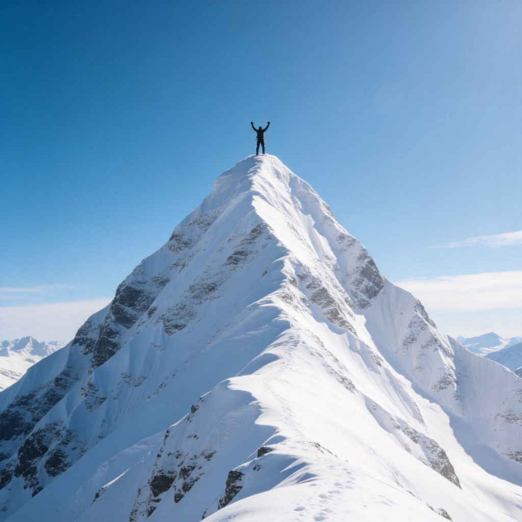 A majestic snow-covered mountain peak under a clear blue sky, with a tiny figure of a climber standing at the very summit, raising their arms in victory. The lower slopes of the mountain are visible. Photorealistic style, natural lighting. No text.