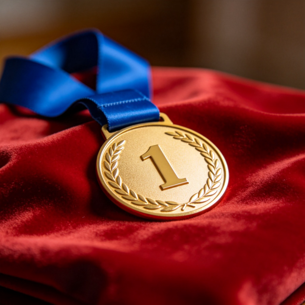A close-up of a shiny gold medal with a blue ribbon, resting on a red velvet cloth. The medal is engraved with the number "1". The focus is sharp on the medal, with a soft, blurred background. Studio lighting. No text.