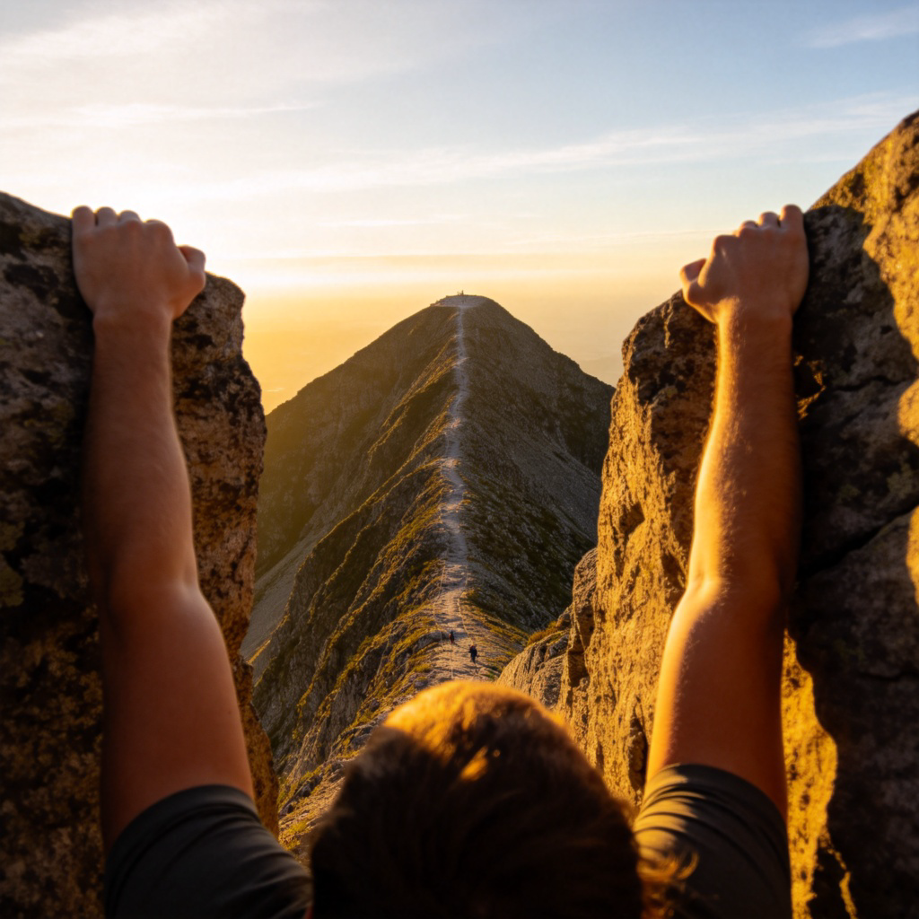 A person's hands gripping the final rock ledge as they pull themselves up to a flat mountain summit. The viewpoint is from behind the climber, looking down at the steep climb and up at the open sky ahead. Dynamic action shot, morning sunlight. No text.