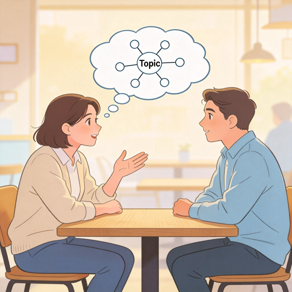 Two people sitting at a cafe table, engaged in conversation. One person is making a talking gesture with their hand. A simple thought bubble appears above them, containing a small, clear mind map with the word "Topic" in the center and a few lines branching out. Soft, natural lighting, focus on the people and the subtle visual metaphor of the idea bubble. No text on the table or walls.