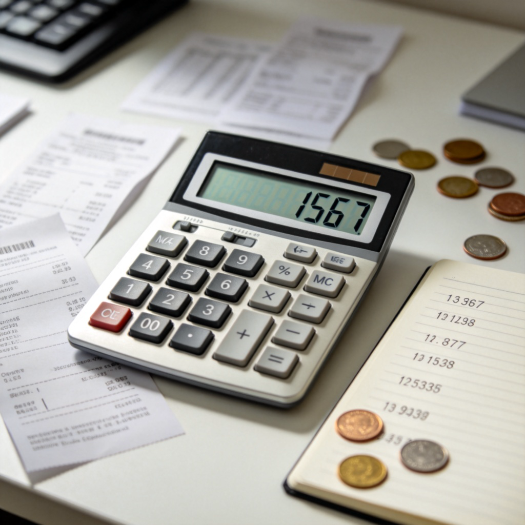 A modern calculator with a digital screen clearly showing a large number like '1567' as the total. Scattered around it are receipts, some coins, and a notebook with several smaller numbers added up. The focus is on the calculator's total display. Clean desk, natural lighting. No text.