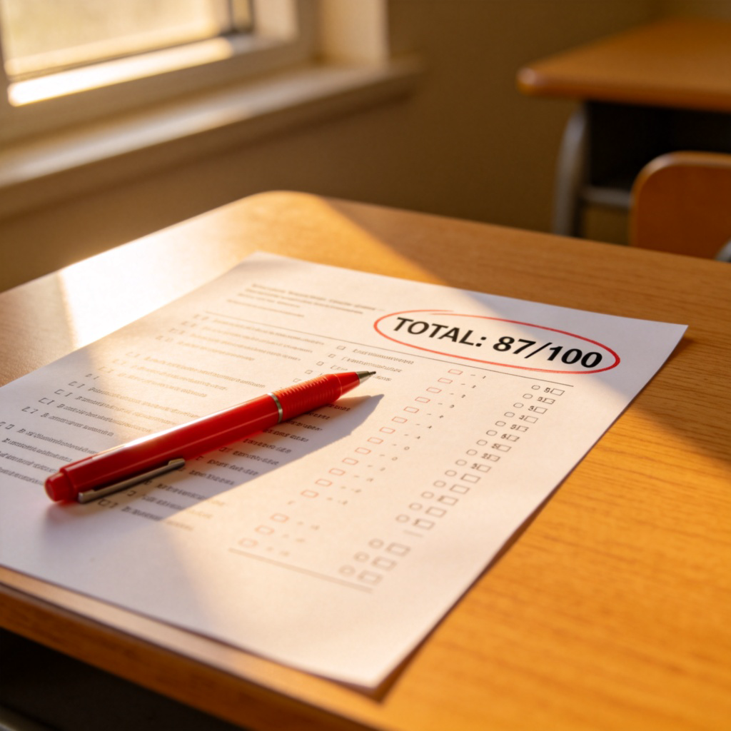 A student's test paper lying on a wooden desk. A red pen has circled a large, prominently written number at the top-right corner, labeled 'TOTAL: 87/100'. In the background, faintly visible are the individual scores for each question. Soft morning light from a window. No text besides the scores.