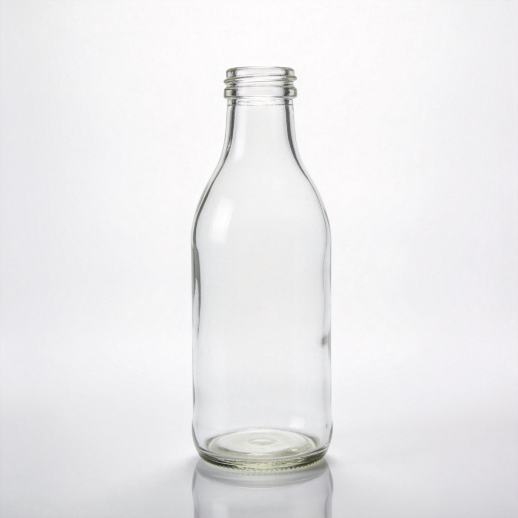 A clear, empty glass bottle standing upright on a plain white background. The bottle is completely see-through with no liquid or residue inside, illuminated by soft, even studio lighting to emphasize its emptiness. Focus is sharp on the bottle. No labels, no text.