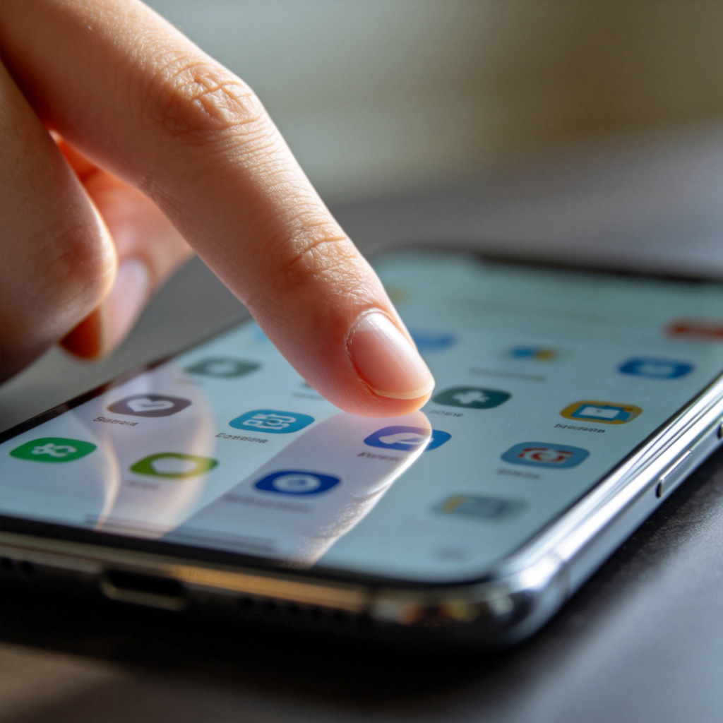 A close-up of an index finger gently touching the screen of a smartphone, about to tap an icon. The focus is on the point of contact. Plain, blurred background. Natural lighting, realistic style.
