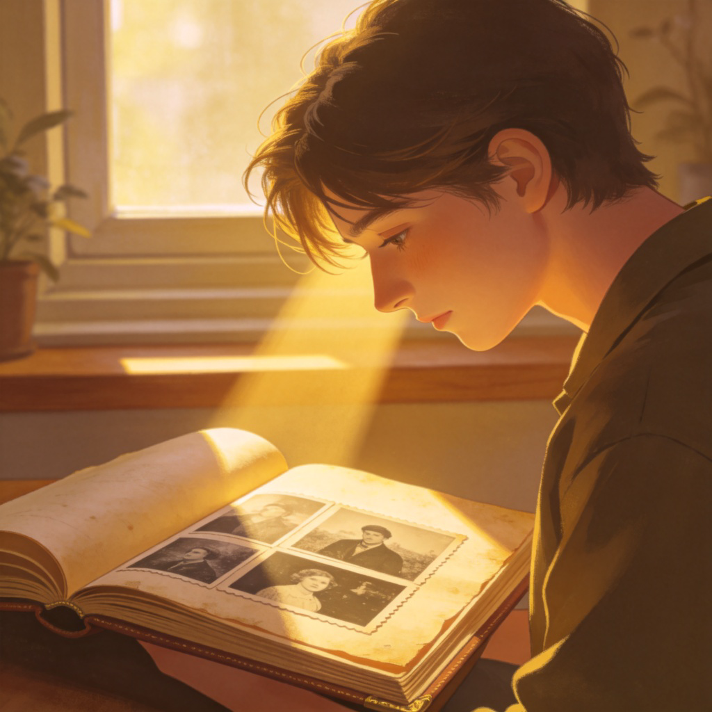 A person sitting by a window, looking at an old photo album with a soft, emotional expression. A single ray of sunlight illuminates their face. Warm, nostalgic atmosphere. No text, realistic illustration style.