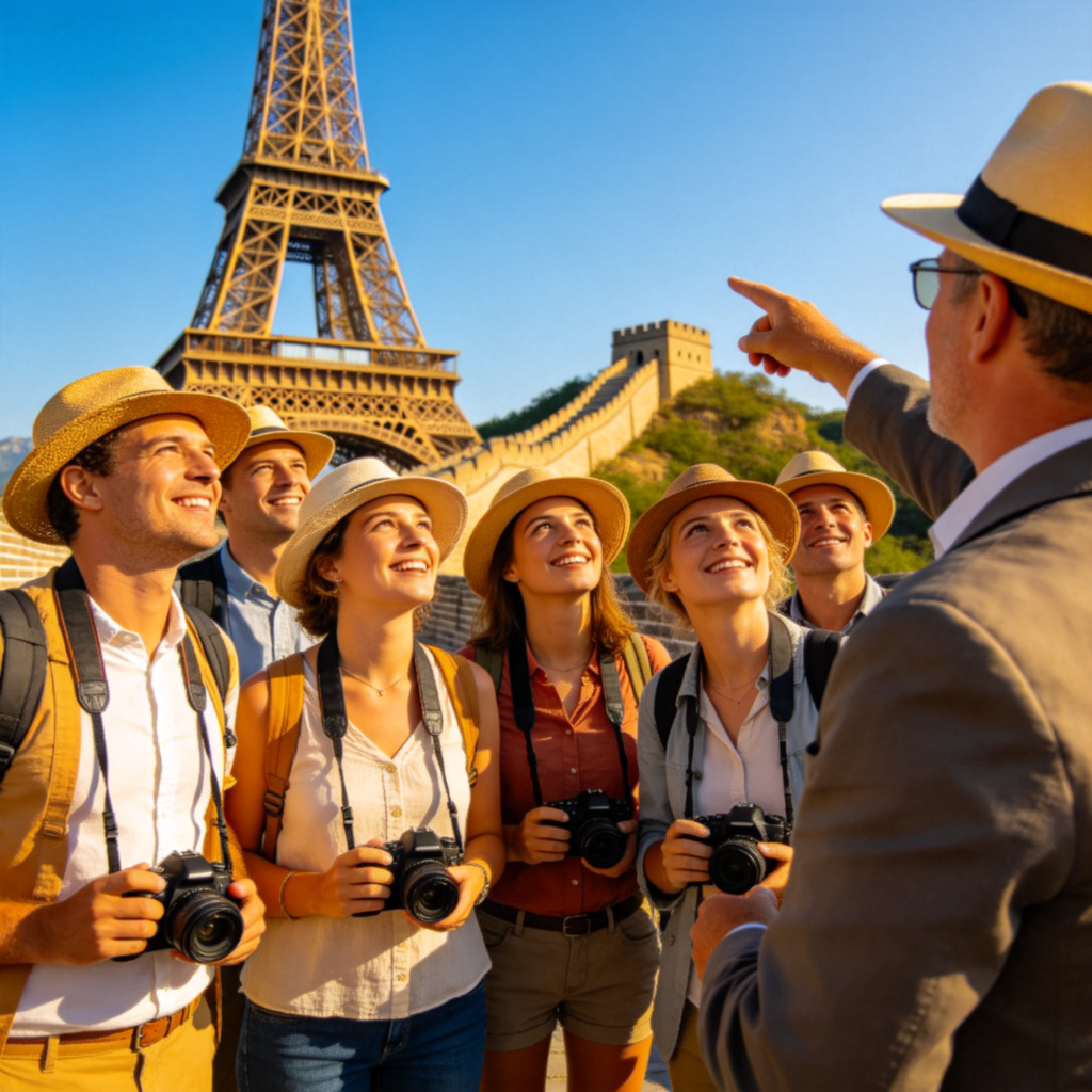 A small group of tourists wearing hats and holding cameras, standing in front of a famous landmark like the Eiffel Tower or the Great Wall, looking up and listening to a guide who is pointing. Bright sunny day, clear blue sky. The focus is on the group's engaged expressions and the tour guide. No text in the image.