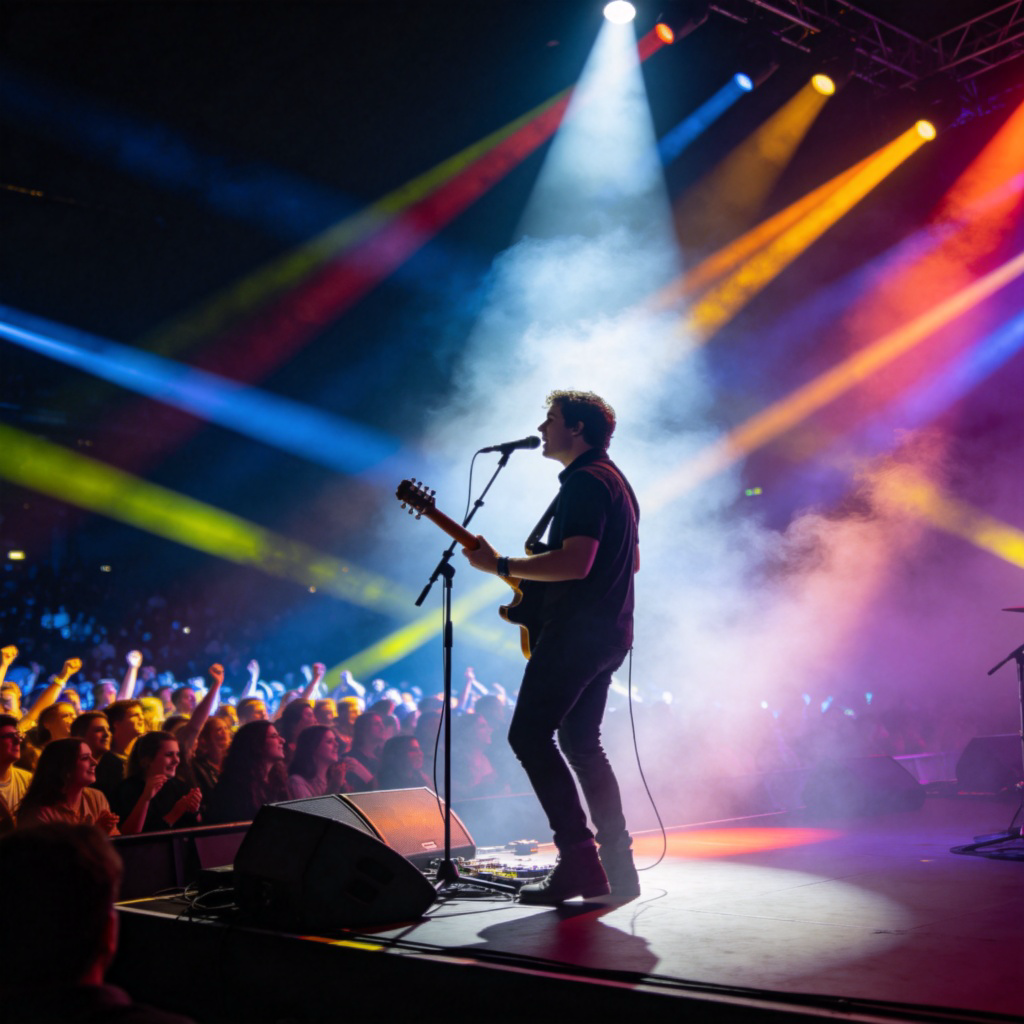 A dynamic concert scene: a musician on a brightly lit stage, playing a guitar and singing into a microphone, with a large, excited audience visible in the darkened background. Colored stage lights and smoke effects. The energy of the live performance is the main focus. No text on stage or in the crowd.