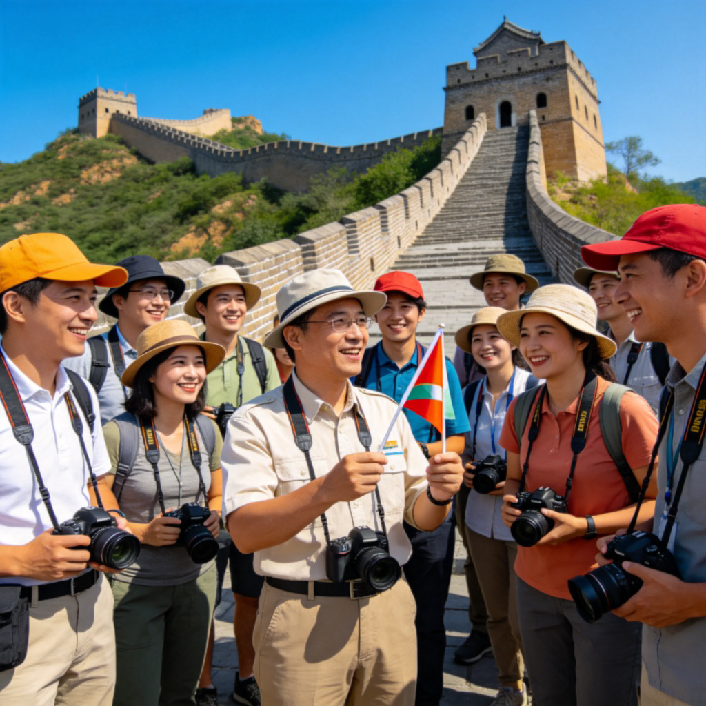 A lively outdoor scene at a famous landmark, like the Great Wall or a tropical beach. A diverse group of tourists wearing hats and carrying cameras, smiling and listening to a tour guide holding a small flag. Bright sunny day, clear blue sky, with iconic architecture or natural scenery in the background. Photorealistic style, no text or logos.