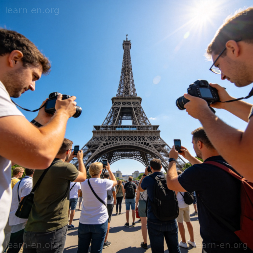 Tourist attraction 场景图解：游客在标志性建筑前拍照