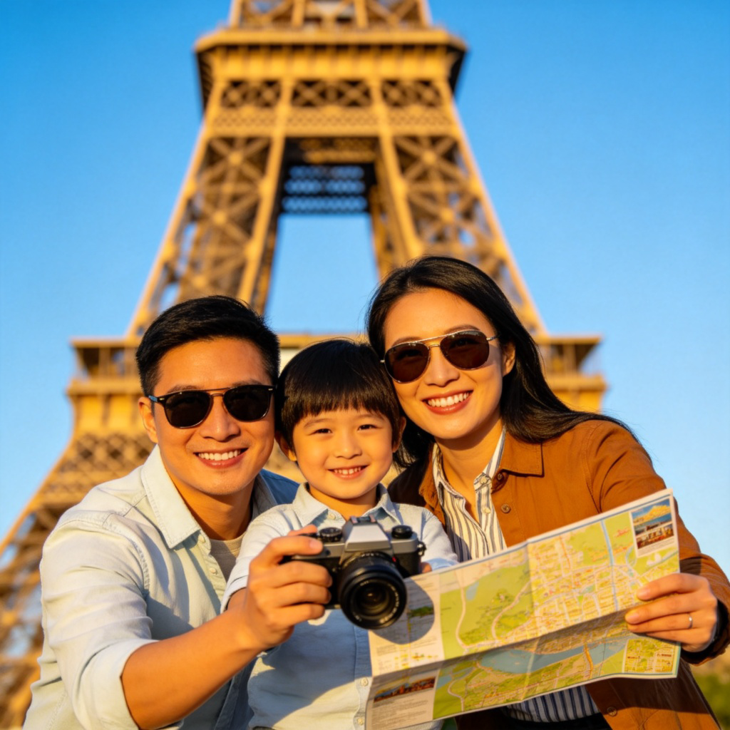 A happy Asian family of three (parents and a child) posing for a photo in front of a famous landmark like the Eiffel Tower. They are wearing casual clothes and sunglasses, holding a camera and a tourist map. Bright sunny day, clear blue sky. Focus is on the smiling family. No text or logos in the image.