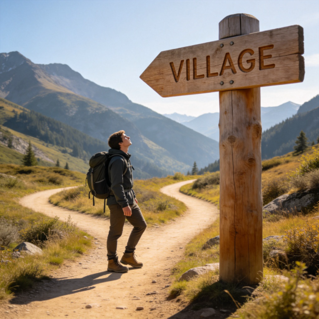 A person standing at a fork in a hiking trail, looking up at a large wooden signpost. One arrow on the sign points to the right with the word "VILLAGE" carved into it. The person is facing and taking a step toward that direction. Bright daylight, clear focus on the sign and the person's orientation. No text on the image itself.