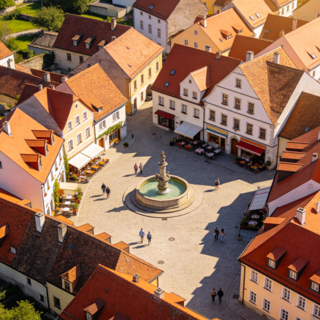 A bird's-eye view of a small, charming European town with red-roofed houses, a central square with a fountain, and a few people walking. There are small shops and cafes visible. The lighting is bright and sunny, creating a cozy and lively atmosphere. No text or logos.