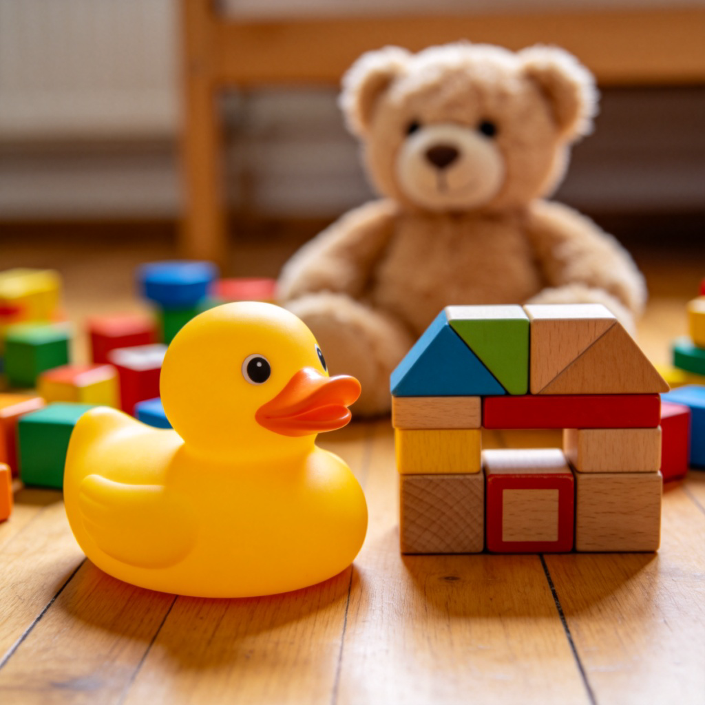 A close-up shot of a colorful collection of classic children's toys on a wooden floor. In focus is a bright yellow rubber duck next to a set of wooden building blocks, with a soft teddy bear slightly out of focus in the background. The lighting is warm and natural, highlighting the textures and colors. No text, logos, or people.