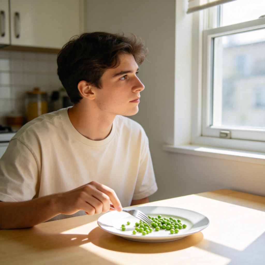 A young adult sits at a sunny kitchen table, pushing peas around on a plate with a fork, not eating. The person looks thoughtful and distracted, gazing out of a window. The focus is on the plate and the restless hand. Soft morning light, clean and simple background. No text.
