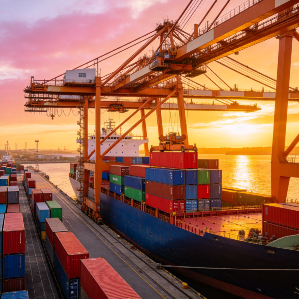 A bustling container port at sunset, with giant cranes loading colorful shipping containers onto a large cargo ship. The scene shows clear economic activity and global exchange. Wide-angle shot, vibrant colors, no text or logos.