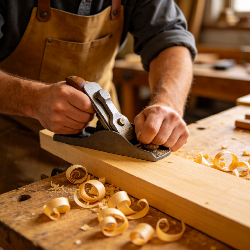 A skilled carpenter in a workshop, wearing an apron, carefully planing a piece of smooth wood. Wood shavings curl on the workbench. Close-up on the hands and tool, showing craftsmanship. Natural light, realistic style.