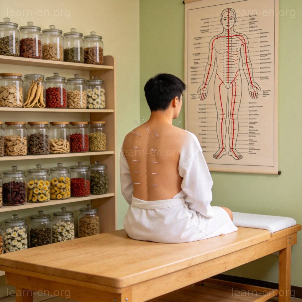 传统中医疗法图解：针灸治疗场景与经络穴位图