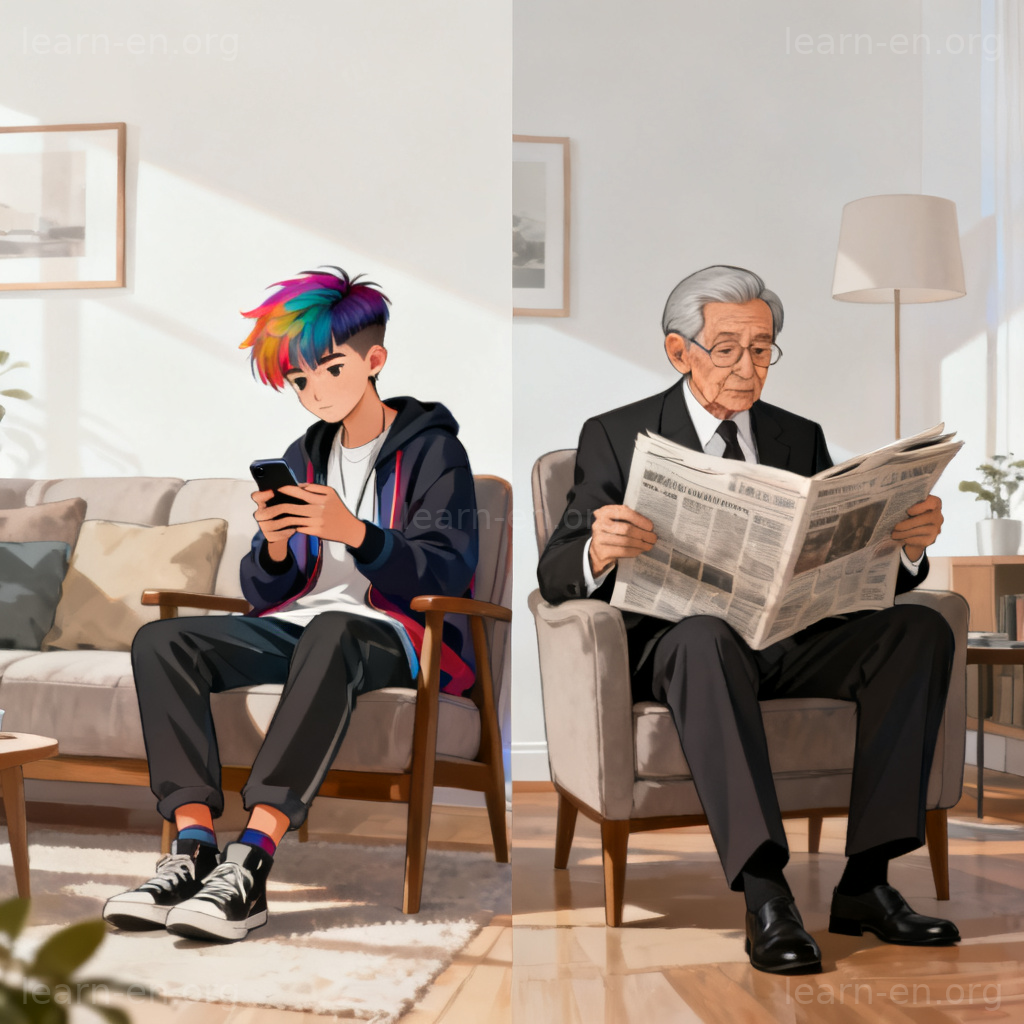 Traditional vs modern contrast: reading newspaper vs smartphone.