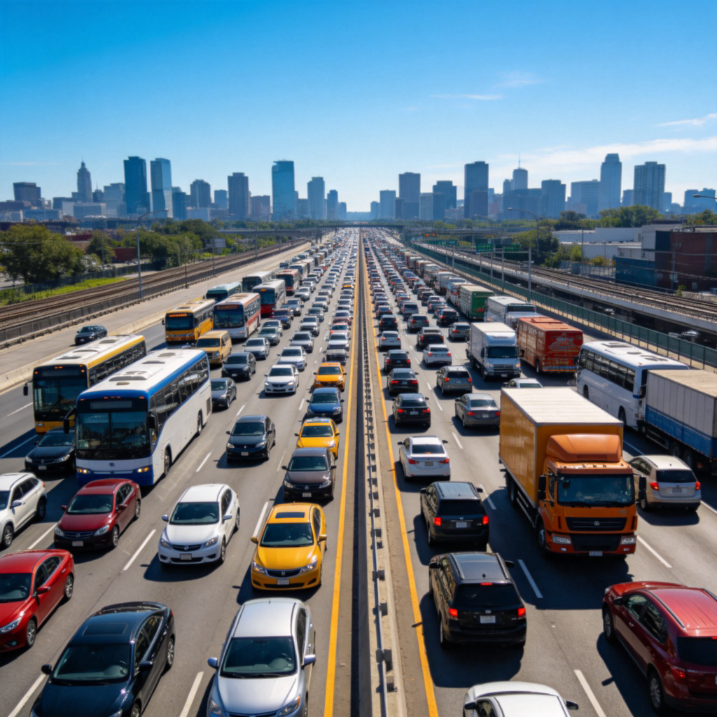 A wide, multi-lane urban highway seen from a high vantage point, filled with a dense stream of cars, buses, and trucks of various colors moving in both directions. The city skyline is visible in the distance under a clear blue sky. Photorealistic style, sharp focus on the vehicles. No text, logos, or specific brand cars overly prominent.