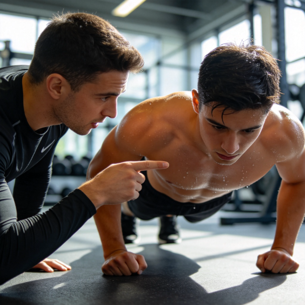 A fitness coach in sportswear is demonstrating a push-up to a focused trainee in a bright, clean gym. The coach is pointing at the trainee's form. Emphasis on action and instruction. Photorealistic style.