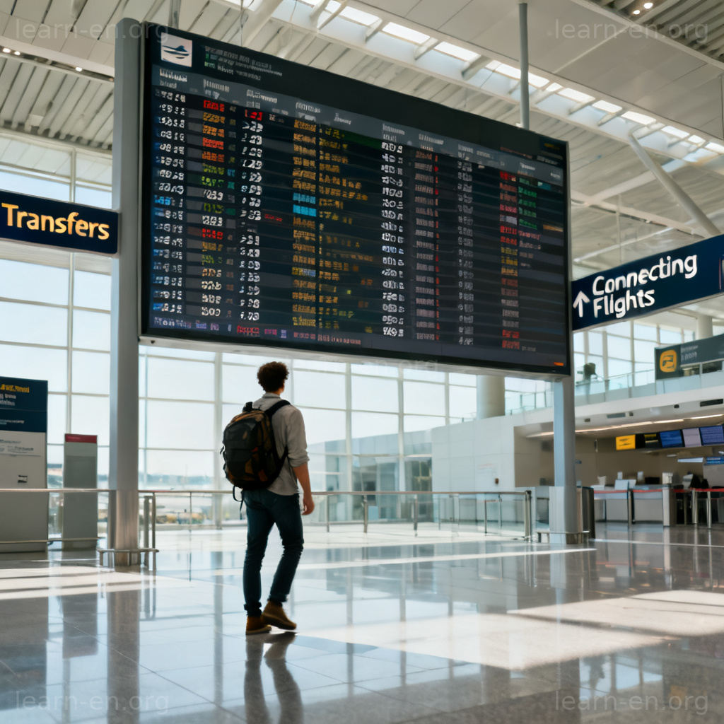 Transit as a layover shown by a traveler checking connecting flights at an airport terminal.