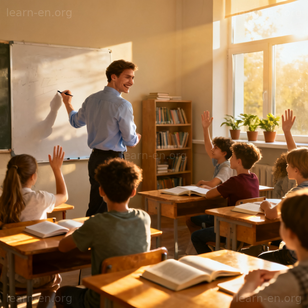 Teacher passing knowledge to students in a bright classroom setting