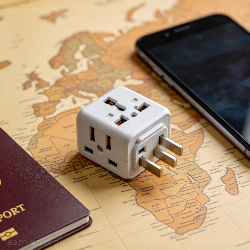 Adaptateur de voyage compact sur une carte du monde avec passeport et téléphone