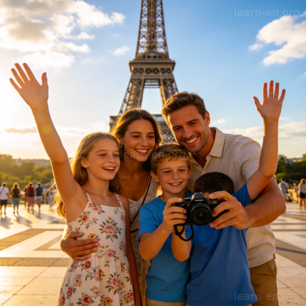 Travel during the holiday 图解：假期中家庭在著名地标前合影