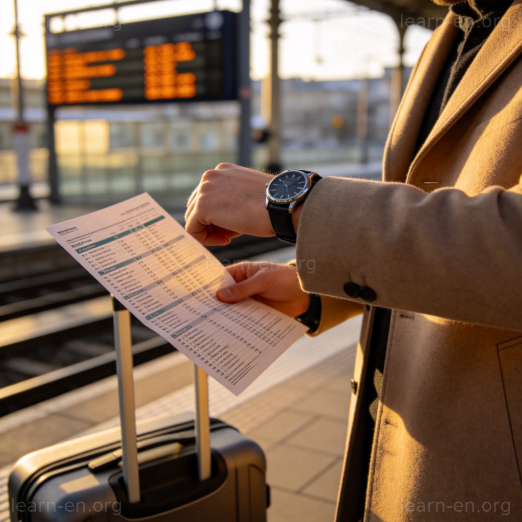 Travel Time 图解：查看手表与火车时刻表的旅行者场景