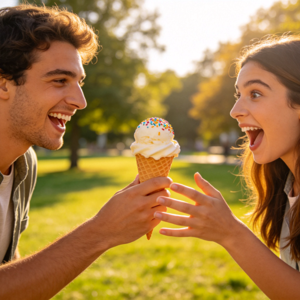 A person smiling happily while handing a delicious-looking ice cream cone to a friend outdoors on a sunny day. The focus is on the act of giving the treat. The friend looks surprised and delighted. Simple park background. Bright, cheerful lighting. No text.