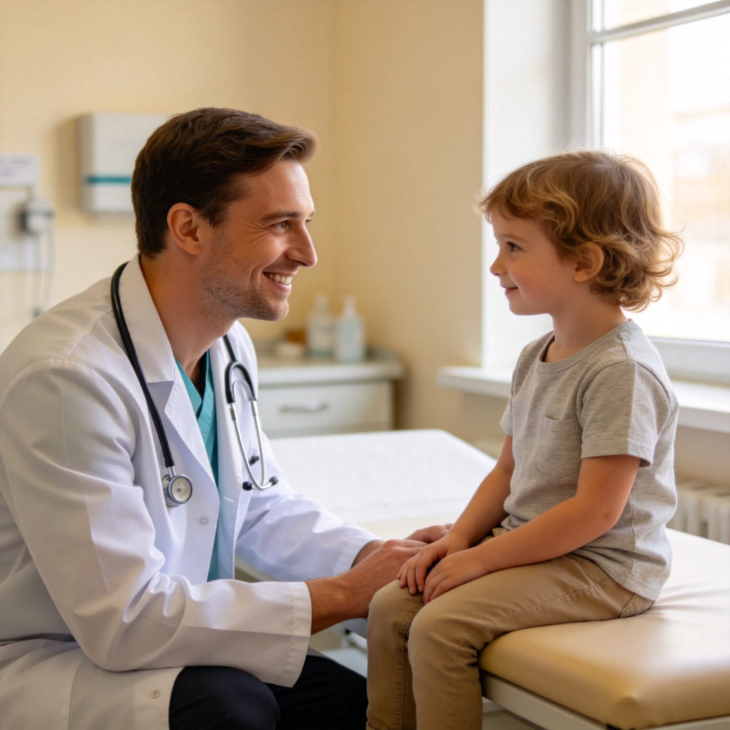 A friendly doctor kneeling down to talk to a young child in a clinic, looking them in the eye with a warm smile. The child looks comfortable and trusting. The focus is on the doctor's kind and respectful approach. Clean, clinical setting. Soft lighting. No text.