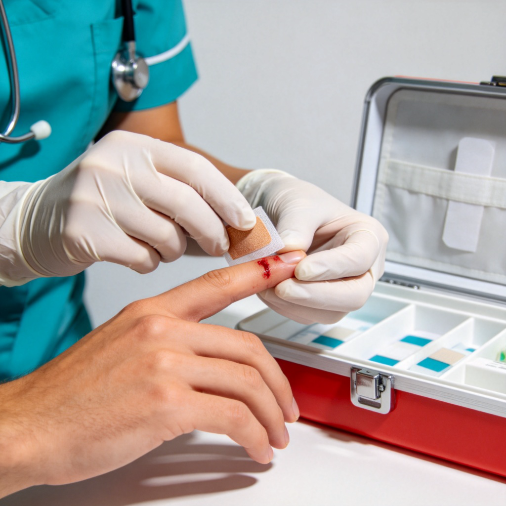 A close-up shot of a nurse wearing gloves, carefully applying a bandage to a small cut on a person's finger. A first-aid kit is open nearby. The focus is on the medical care and the process of treating the wound. Plain background. Clear, detailed lighting. No text.