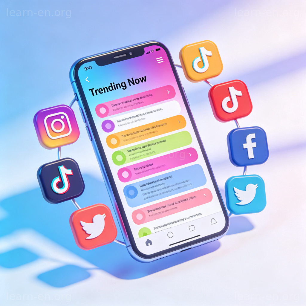 trending 热门含义图解：手机屏幕显示社交媒体趋势榜单