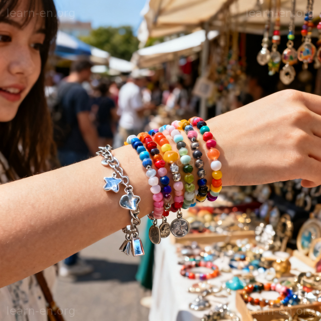 Trinket definition illustrated by colorful beaded and charm bracelets on a wrist in a market scene.