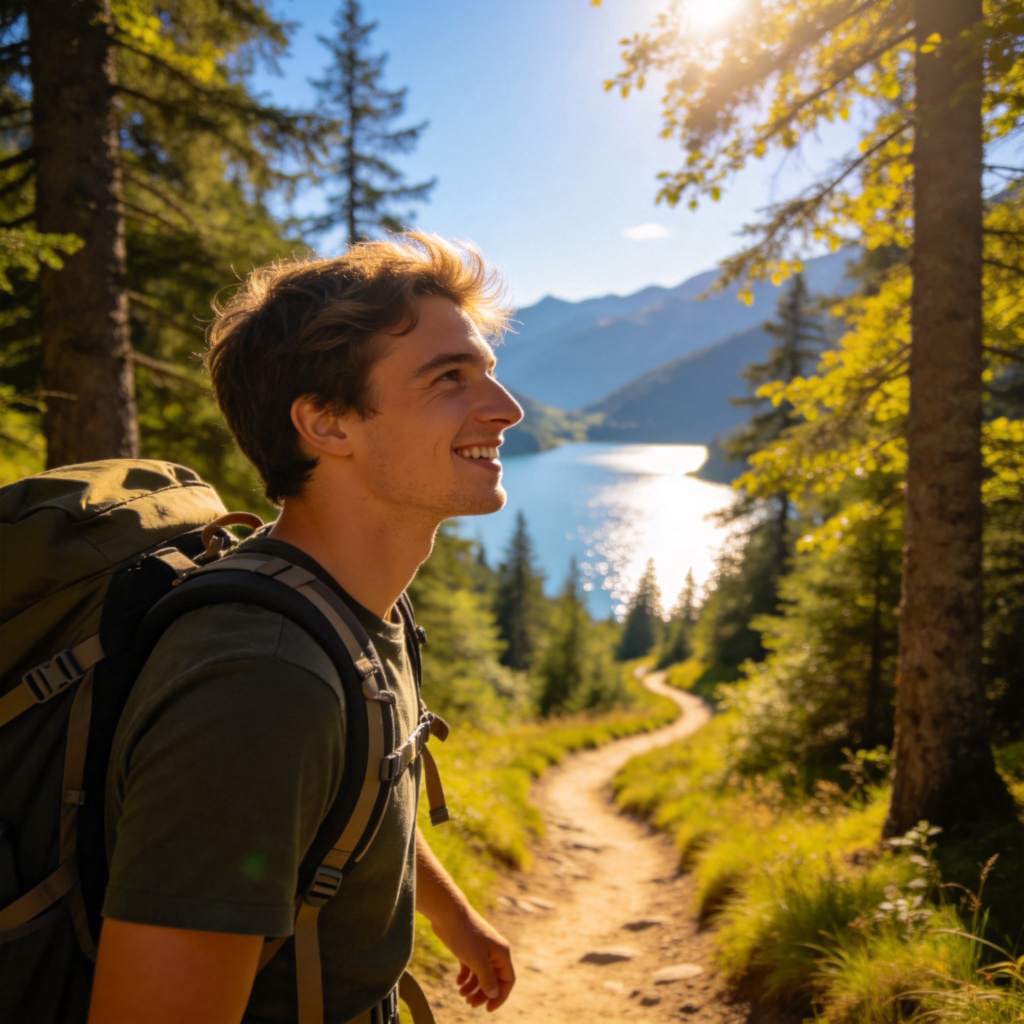 A happy person with a backpack walking on a scenic mountain trail, looking at a beautiful lake in the distance. The path is surrounded by green trees and clear sky. Focus on the person and the sense of journey. Realistic travel photography style, bright natural lighting. No text.