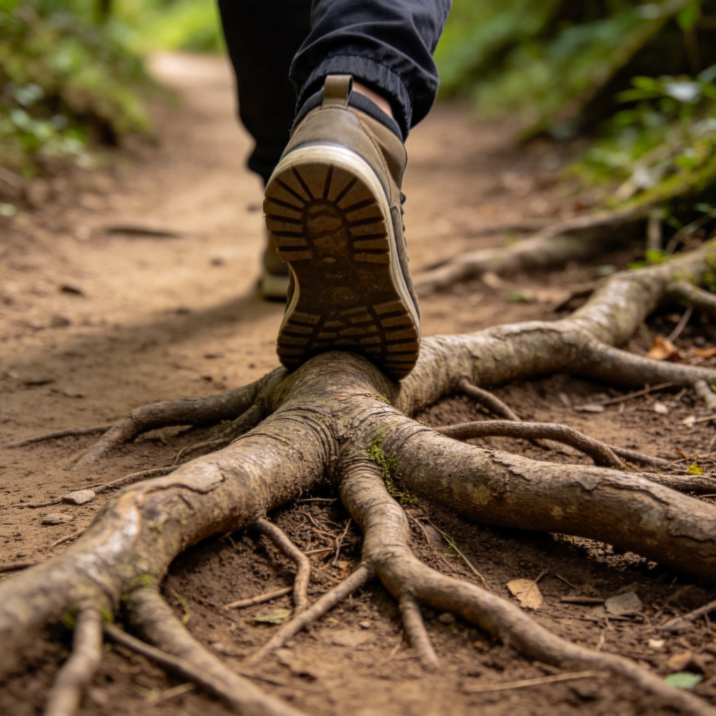A close-up shot of a person's foot accidentally caught on a thick, exposed tree root on a dirt path. The person is shown in mid-motion, slightly off balance. The image should convey a sudden stop and the risk of falling. Sharp focus on the foot and root, natural outdoor lighting. No text.