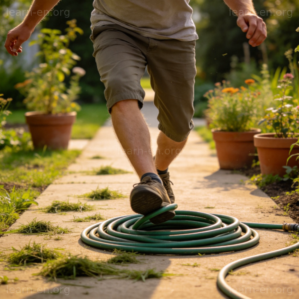 Trip over 绊倒含义图解：行人被水管绊倒瞬间
