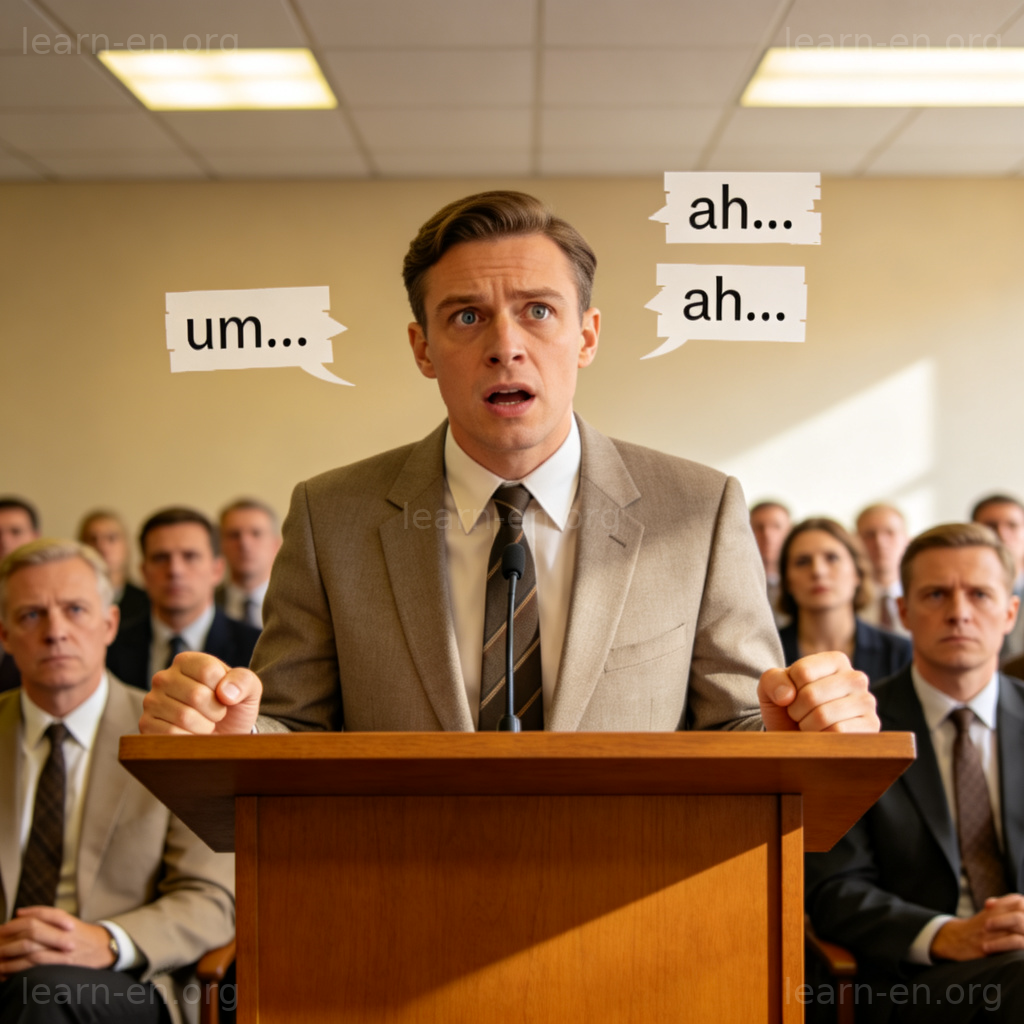 Trip over 结巴含义图解：演讲者紧张口吃场景