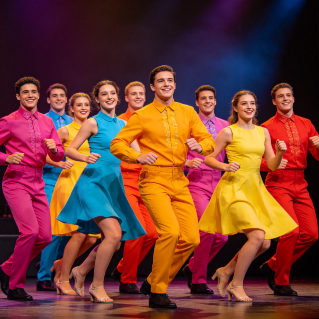 A group of eight performers in bright, colorful costumes dancing on a stage. They are synchronized in their movements, smiling. The stage has simple lighting, focusing on the group as a whole. Realistic photo style. No text or logos.