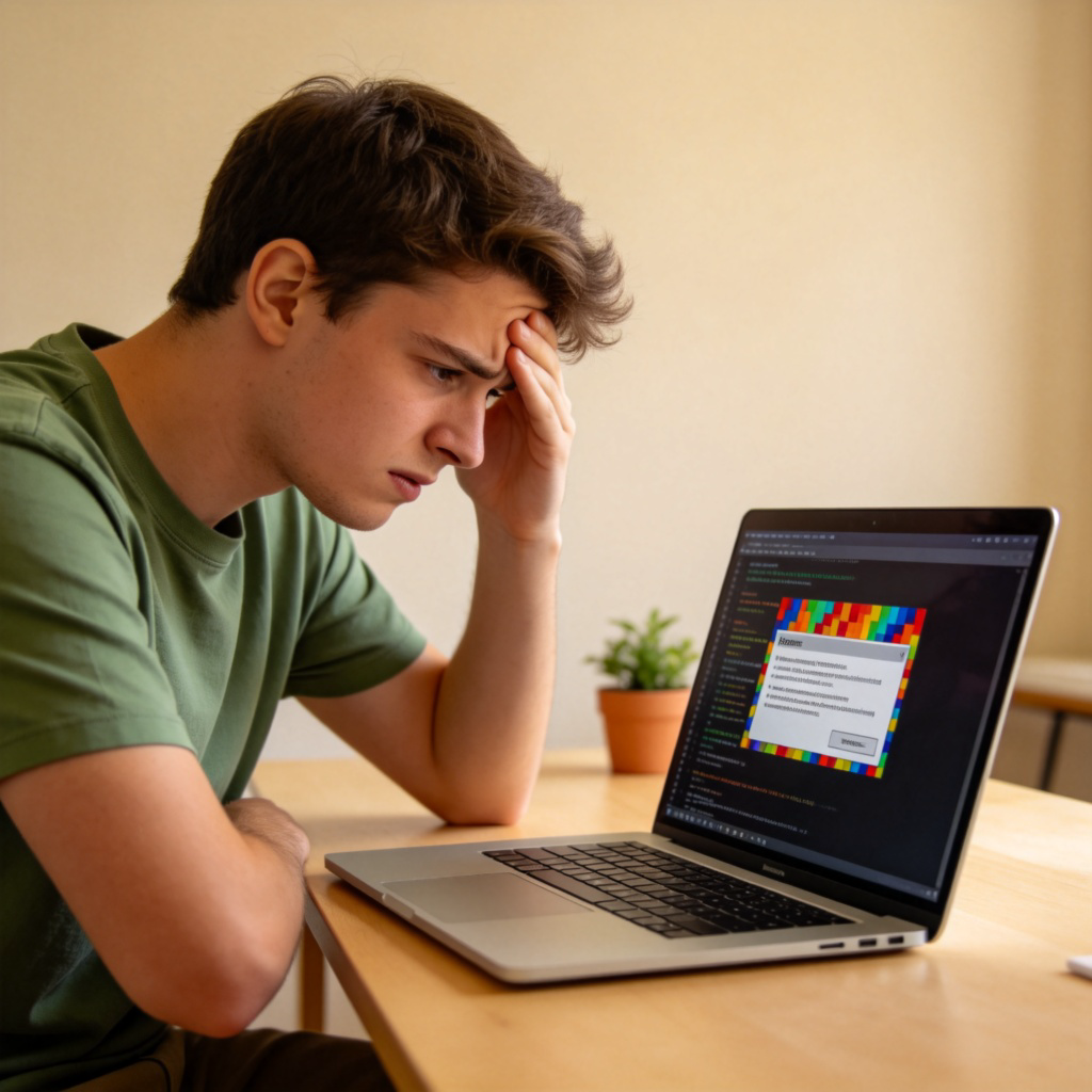 A young adult sitting at a desk with a laptop, looking frustrated and rubbing their temples with one hand. The laptop screen shows a colorful error message pop-up. The background is a simple home office setup with a plant. Natural lighting, focus on the person's expression and the error message. No text.