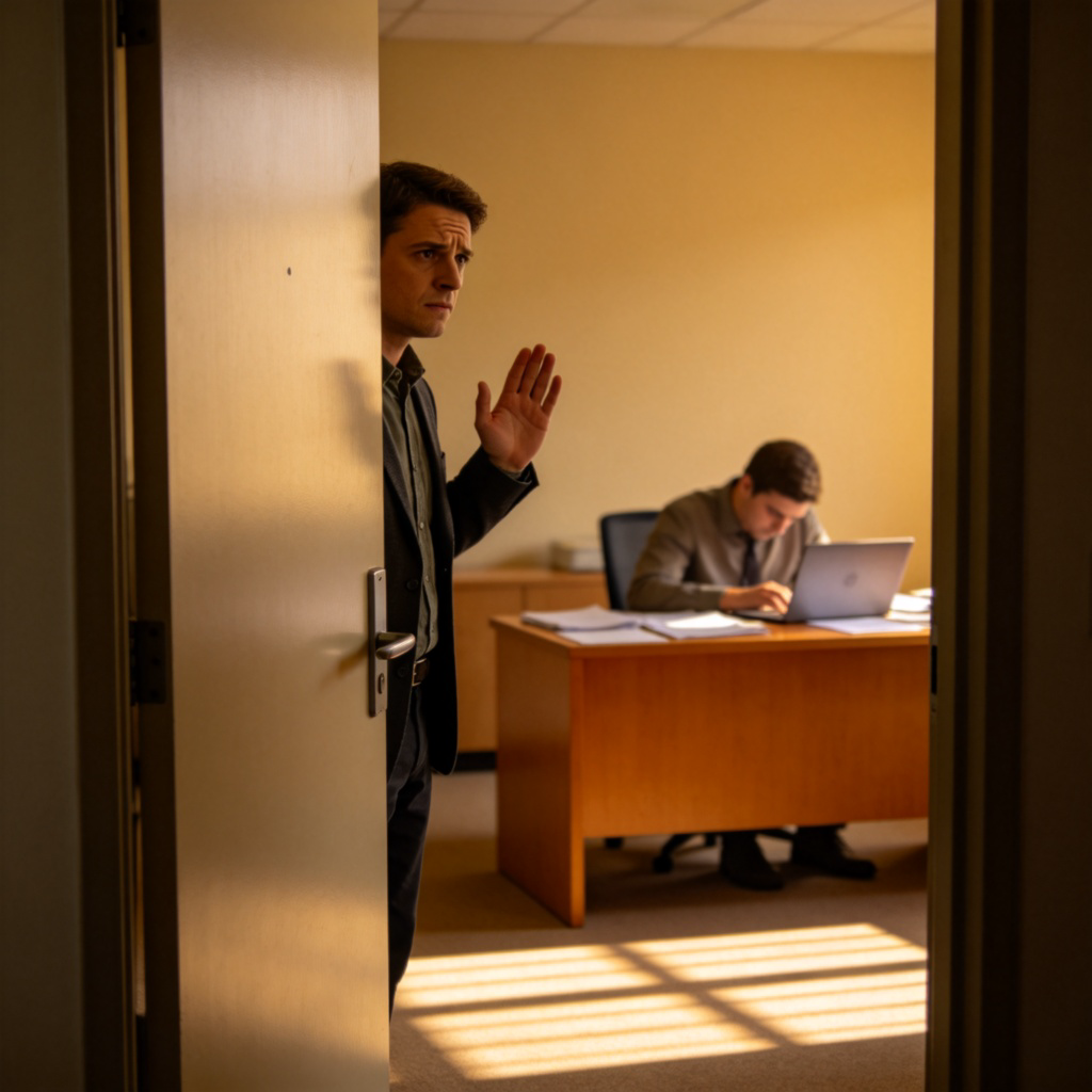 A person standing outside a slightly ajar office door, looking hesitant and raising a hand as if to knock. Inside, another person is visible working attentively at a desk. Soft afternoon light from a window. The focus is on the hesitant person at the door, conveying a sense of not wanting to disturb. No text.