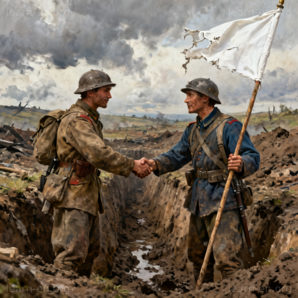 Truce definition illustrated by soldiers shaking hands under a white flag in a war-torn landscape.