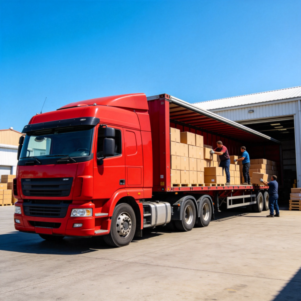 A large red truck with a long trailer is parked in front of a warehouse. Workers are loading cardboard boxes onto the back of the truck. The truck is the clear focus, with a clear sky and simple buildings in the background. Photorealistic style, daytime. No text.