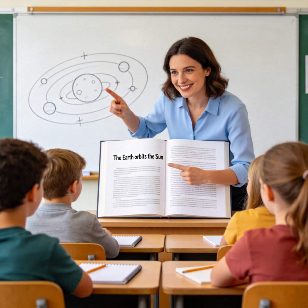 A history teacher in a classroom, confidently pointing to a sentence in a textbook that reads 'The Earth orbits the Sun.' She has a warm, certain expression. Students are listening attentively. Background is a classroom whiteboard with a simple drawing of the solar system. Bright, clear lighting, photorealistic style.