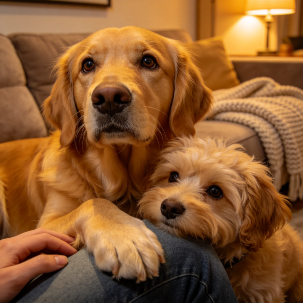 A close-up of two dogs, a golden retriever placing its paw on its owner's knee, looking up with loyal and devoted eyes. Another smaller dog leans against them. Warm, cozy living room background with soft lighting. Focus on the dogs' expressions and the connection with the owner's hand. Photorealistic.