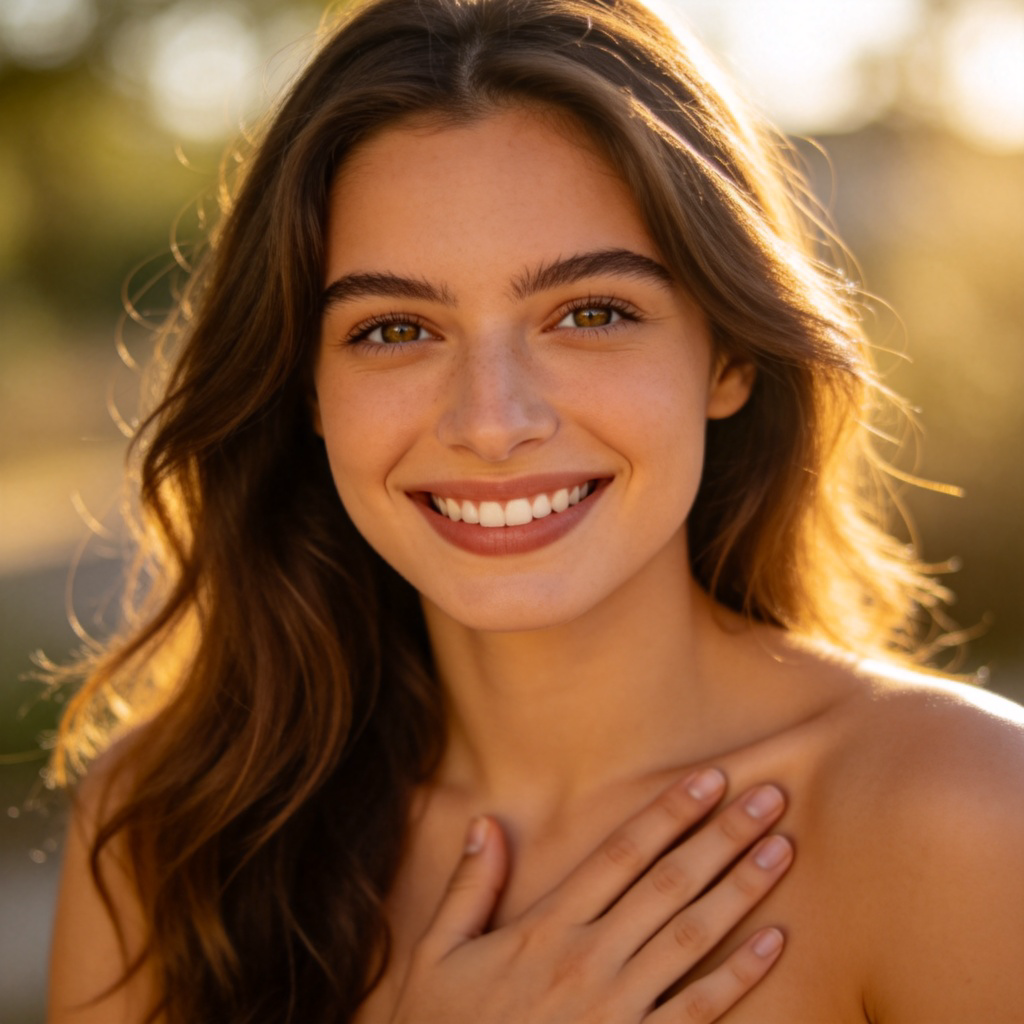 A close-up photo of a person looking sincerely into the camera, with one hand placed over their heart. They have a warm, genuine smile. Soft background, natural light, focus on the honest expression in their eyes. No text.