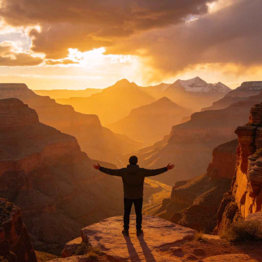 A person standing at the edge of a grand canyon or a vast mountain range at sunset, with arms wide open, facing the breathtaking view. Their posture shows they are completely and utterly immersed in the moment. Epic landscape, golden hour lighting. No text.